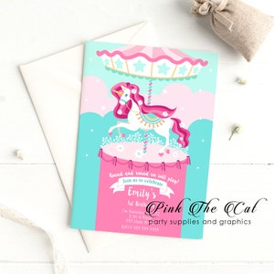 30 Carousel birthday or baby shower invitations pink blue personalized (set of 30), Carousel birthday invitations for girls, unicorn