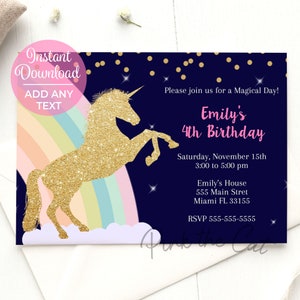 ON SALE Printable Unicorn Invitation Gold Glitter Unicorn Rainbow Invitation Girl Unicorn Birthday Invitation - Instant Download