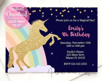 ON SALE Printable Unicorn Invitation Gold Glitter Unicorn Rainbow Invitation Girl Unicorn Birthday Invitation - Instant Download