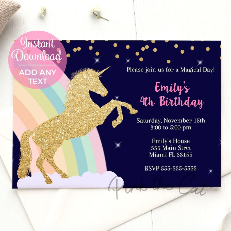 ON SALE Printable Unicorn Invitation Gold Glitter Unicorn Rainbow Invitation Girl Unicorn Birthday Invitation Instant Download image 1