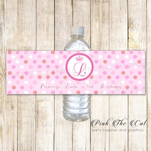 Princess water bottle labels with monogram, pink princess birthday water bottle labels, princess baby shower water bottle labels printable