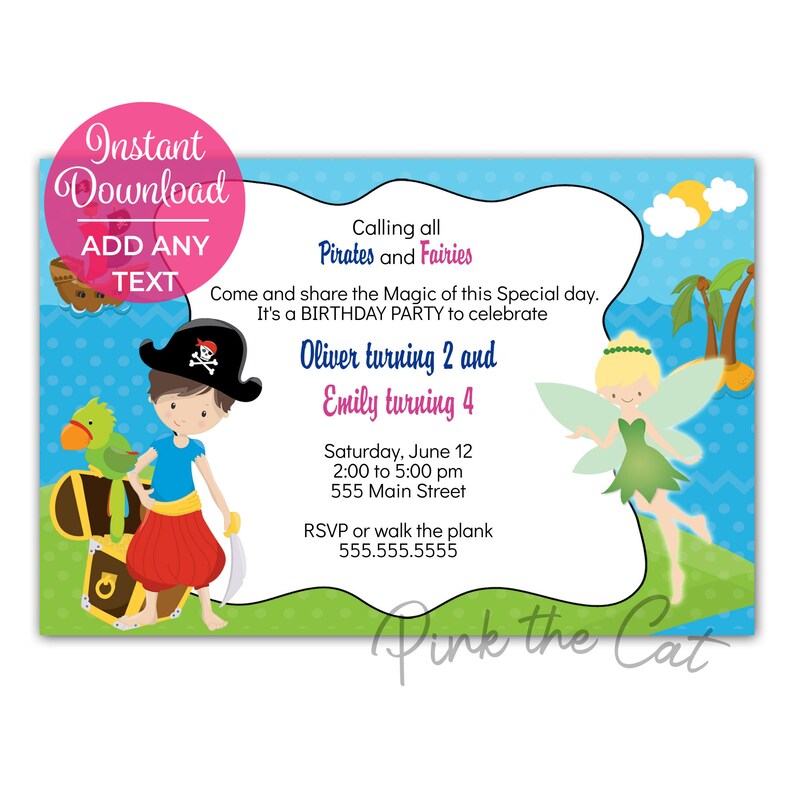 Może przedstawiać: Niebieskie i zielone zaproszenie na przyjęcie urodzinowe z piratem i wr&oacute;żką. Zaproszenie zawiera napis "Calling all Pirates and Fairies" oraz "Come and share the Magic of this Special day. It's a BIRTHDAY PARTY to celebrate Oliver turning 2 and Emily turning 4. Saturday, June 12, 2:00 to 5:00 pm, 555 Main Street. RSVP or walk the plank 555.555.5555."