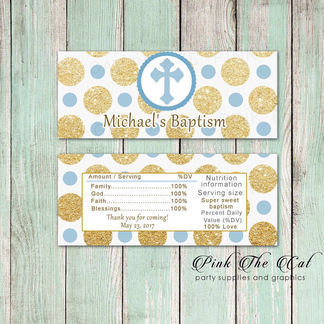 Blue Gold Glitter Baptism Candy Bar Wrapper - Printable Candy Bar ...