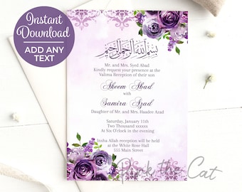 Valima Reception Invitation Walima Reception Wedding Invitation Purple Floral, Valima Invitation, Editable File Instant Download