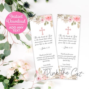 First Holy Communion printable bookmark favors, floral pink and gold, instant download