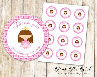 May include: Pink and white round favor stickers with a cartoon princess wearing a pink dress and a gold crown. The text "Thank you for sharing my day" is printed on the sticker.