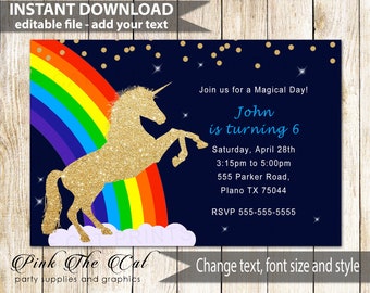 IN VENDITA Invito stampabile unicorno Invito arcobaleno unicorno glitter oro Invito compleanno unicorno unisex per ragazze e ragazzi - Download immediato