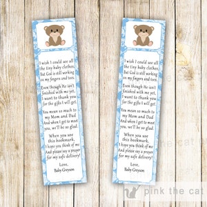 Bear Bookmark Party Favor - Baby Boy Shower Printable File Personalized Blue Grey Baby Shower Favor Ideas