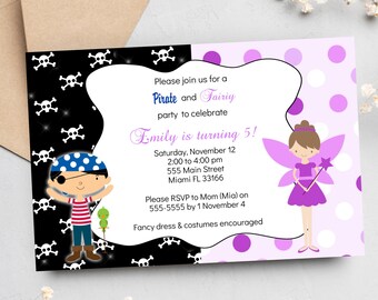 Pirate and fairy birthday invitation for kids, joint birthday party for girls and boys, digital invitation printable purple and black