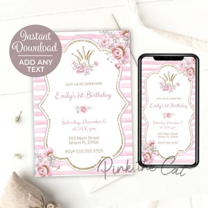 Roze en gouden prinses uitnodiging voor meisje verjaardagsfeestje aquarel ontwerp, bewerkbaar en direct downloaden, online delen of printen