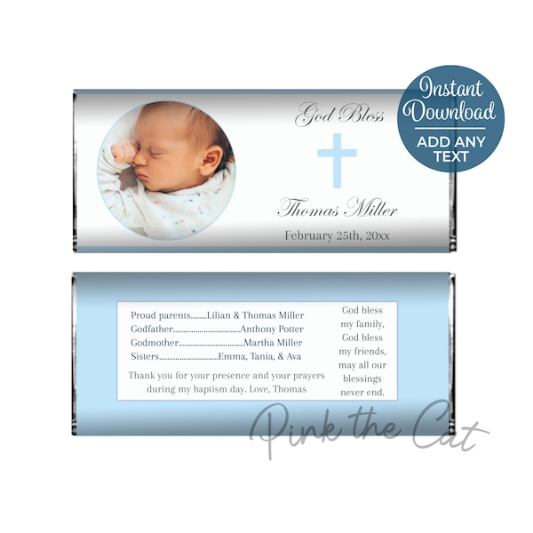 Boy baptism christening candy bar wrapper personalized with photo white blue cross, 1st communion personalized candy labels, boy dedication