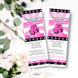 Boxen Babyparty Boxen Einladungskarte - sportliche rosa weiße Babyparty Mädchen Sport-Babyparty druckbare Boxen Geburtstagseinladung