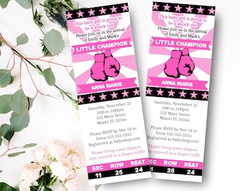 Boxing Baby Shower Boxing Invitation Ticket - Sporty Pink White Baby Shower Girl Sports Baby Shower Printable Boxing Birthday Invitation
