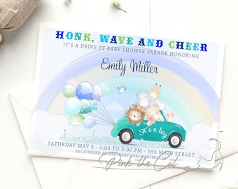 Drive by boy baby shower invitation, drive by invitation, jungle baby shower invitation, baby shower parade invitations, printable o printed