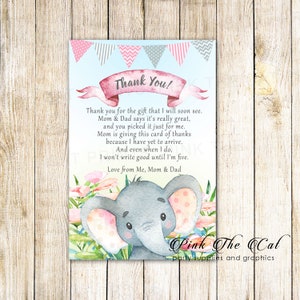 Cartões de agradecimento pintados à mão para chá de bebê de elefante, nota de agradecimento de elefante menina, chá de bebê de elefante, cartão de agradecimento DOWNLOAD INSTANTÂNEO
