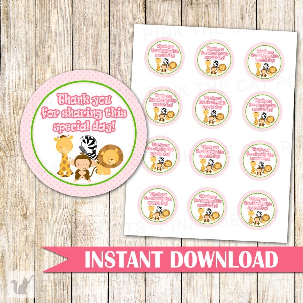 Jungle Favor Label Girl Jungle Birthday Party Thank You Tag Pink Jungle Baby Shower Favor Stickers Printable Favor Labels INSTANT DOWNLOAD