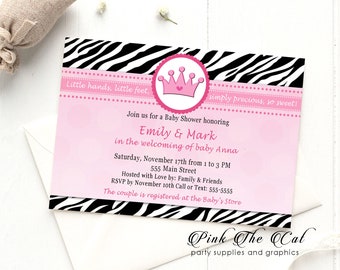 Prinses uitnodiging, prinses baby shower uitnodiging, roze Zebra baby shower uitnodiging gepersonaliseerde baby shower uitnodiging INSTANT DOWNLOAD