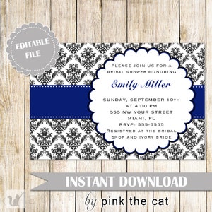 Damask Invitation - Bridal Shower Wedding Invites Navy Blue Editable File INSTANT DOWNLOAD