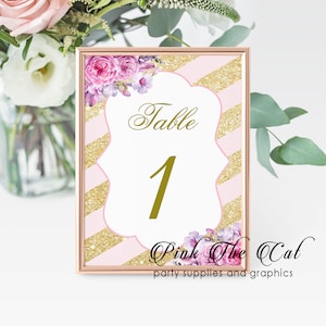 Cartões de mesa com números florais, decorações de mesa de casamento em ouro rosa blush, cartão de número de mesa de aniversário de chá de bebê em ouro rosa IMPRESSO