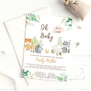 Wald Tiere Einladung, Baby-Dusche oder Dusche per Post Einladungskarte, virtuelle Baby-Dusche-Einladung mit Tieren geschlechtsneutral