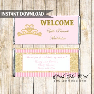 Principessa Candy Bar Wrapper etichetta - principessa Baby Shower Party Candy etichetta - rosa oro Princess Birthday caramelle File editabile DOWNLOAD immediato