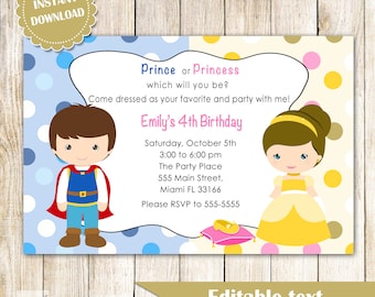 May include: A printable invitation for a child's birthday party. The invitation features a cartoon prince and princess with the text "Prince or Princess, which will you be? Come dressed as your favorite and party with me! Emily's 4th Birthday. Saturday, October 5th, 3:00 to 6:00 pm, The Party Place, 555 Main Street, Miami FL 33166, Please RSVP to 555-5555. Editable text."