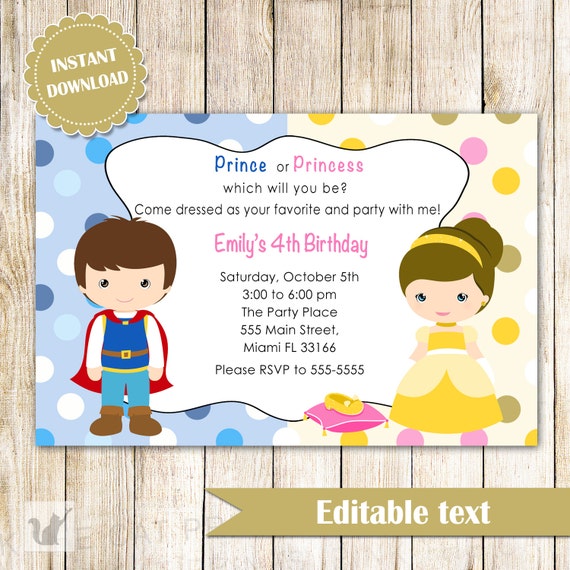 prince and princess dress up party Prince and Princess Party Invitation: Editable DIY Invite (digital Download)