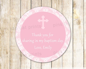 Pink baptism stickers printable favor labels for girls, holy communion favors, editable favors template INSTANT DOWNLOAD