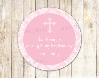 Pink baptism stickers printable favor labels for girls, holy communion favors, editable favors template INSTANT DOWNLOAD