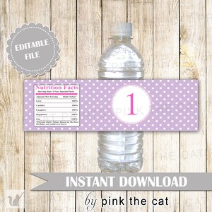 Purple Polka Dots Water Bottle Label Girl Birthday Party Printable Editable File INSTANT DOWNLOAD