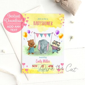Cute animals yellow and pink invitation template baby girl shower, baby shower invitation, editable invitation instant download
