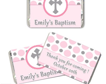 Gray Pink Polka Dots Christening Mini Candy Wrapper - Personalized Girl Baptism Party Favors Labels Cross Custom Wraps 1st Holy Communion