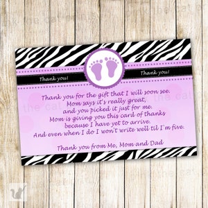 SOFORTIGER DOWNLOAD - Lila Baby Füße Babyparty Dankeskarten - Zebra Dschungel Safari Baby Shower Favors druckbare Partyartikel Duschartikel