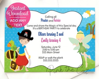 Pirate and and fairy invitation for joint girl or boy birthday party, editable and instant download