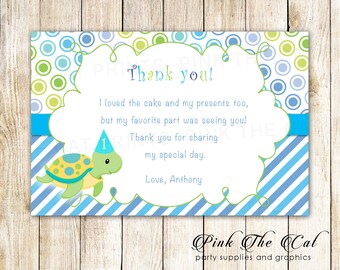 Tutrle Thank You Card, Turtle Thank You Note, Turtle Birthday Thank You Card Note For Boy, Printable Greeting Card Personalized Blue Green