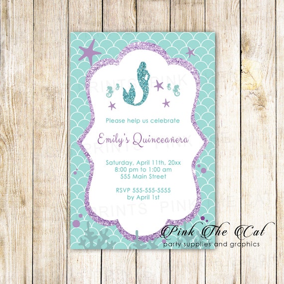 Mermaid Invitation Purple Teal Glitter Mermaid Birthday Etsy