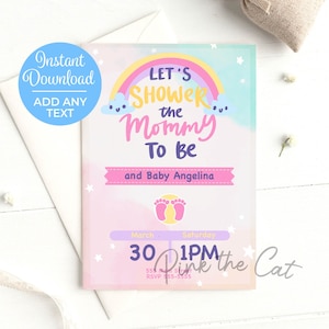May include: A pink and blue baby shower invitation with a rainbow, clouds, and the text "Let's Shower the Mommy To Be and Baby Angelina". The date and time of the shower are listed as "March 30, 1 PM".