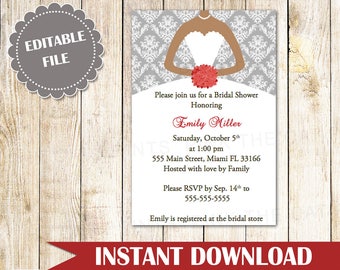 Silver Red Bridal Shower Invitation - Silver Red Wedding Shower Invitation African American Bride Dress Editable File INSTANT DOWNLOAD