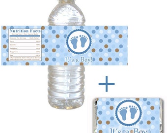 DOWNLOAD IMMEDIATO - Stampabile Baby Boy Shower È un&#39;etichetta per bottiglia da ragazzo e involucro di caramelle - Avvolge pois marroni blu
