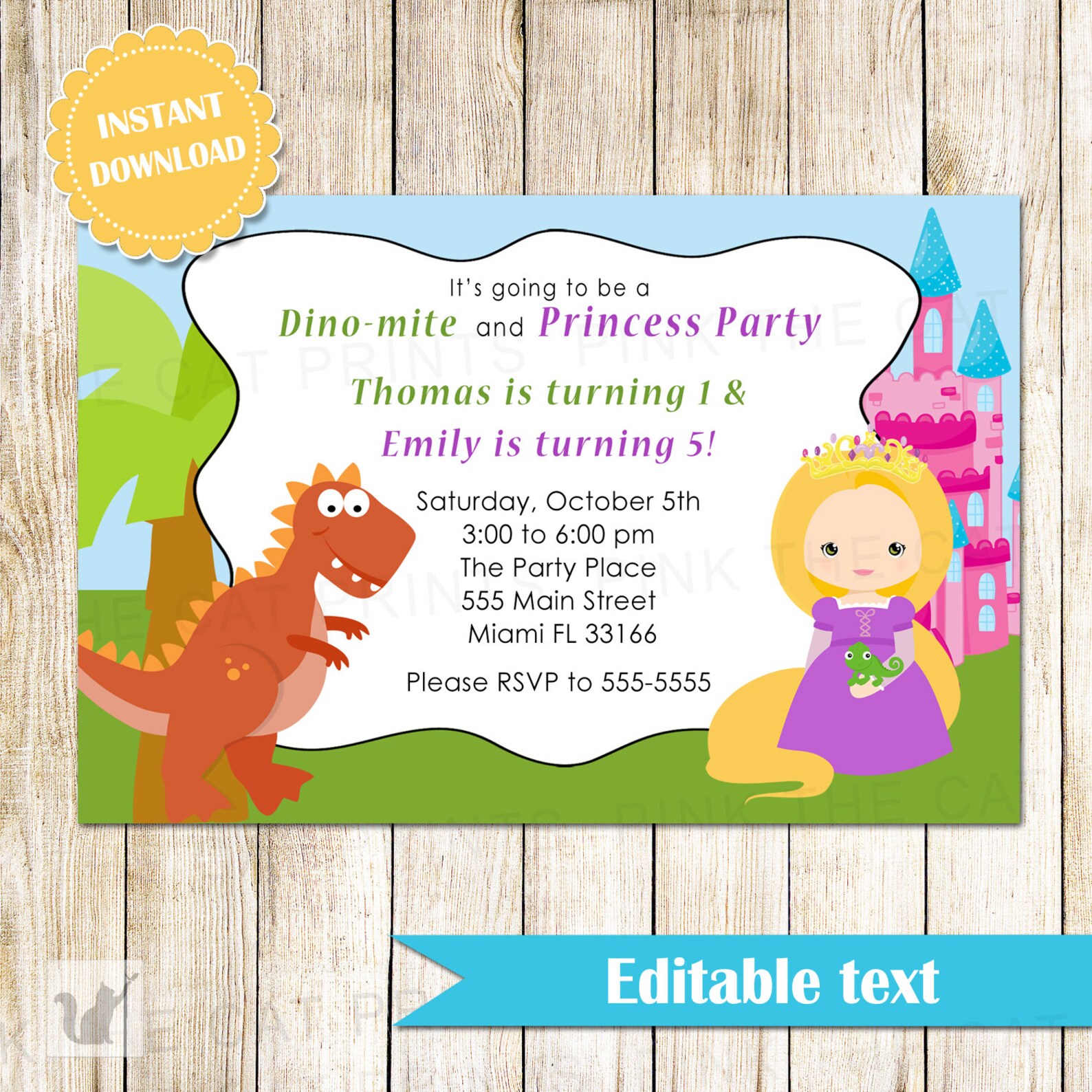 Dinosaur and Princess Invitation Girl Boy Printable Kids Etsy