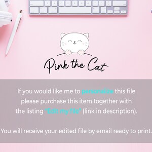 Pu&ograve; includere: Un grafico digitale con un'illustrazione di un gatto bianco con guance e zampe rosa sopra il testo nero Pink the Cat. Sotto, un riquadro grigio contiene testo bianco che spiega la personalizzazione tramite un'inserzione separata.