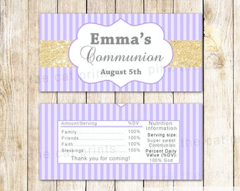 Girl First Holy Communion Candy Bar Wrapper 1st Communion Candy Bar Label For Girl Printable Communion Favor Label Lavender Gold Communion