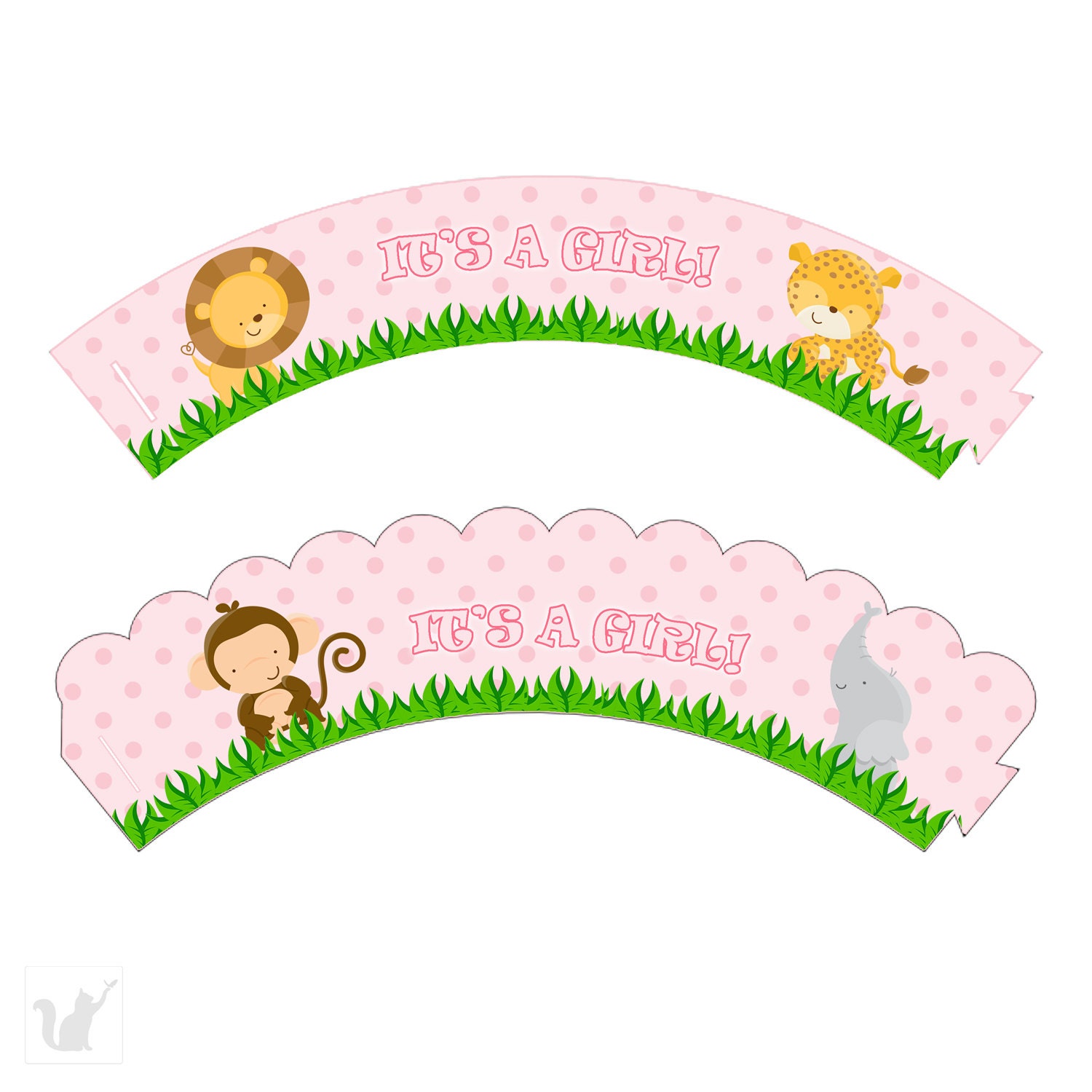 Jungle Pink Polka Dots Its A Girl Baby Shower Cupcake Wrappers Animal Safari Baby Shower Favors Party Favors INSTANT DOWNLOAD