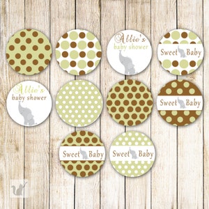 Printable Small Candy Labels - 0.75 inch Candy Stickers Personalized Baby Shower Favors Candy Labels Brown Green Polka Dots Baby Elephant
