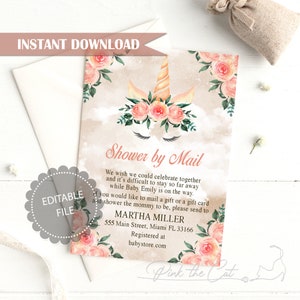Unicorn Shower by Mail Card Uitnodiging, bloemen eenhoorn Far Away Baby Shower Card, afstand baby shower, virtuele baby shower Instant Download