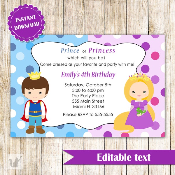 Prince and Princess Invitation - Girl Boy Printable Kids Birthday Party Invites Editable File INSTANT DOWNLOAD
