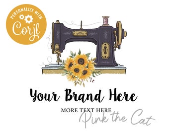 Vintage sewing machine logo, sewing floral logo, sunflower shop logo, feminine boutique logo, handmade logo, premade logo instant download