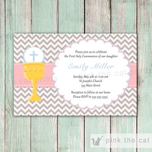 Girl Communion Invitation Chalice Communion Invitation Pink Grey Communion 1st Communion Invitation First Holy Communion Invitation for Girl