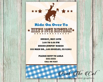 Cowboy Birthday Invitation - Custom Boy Adult Birthday Invite or Rodeo Western Printable File Personalized Brown Blue Gingham Cowgirl Party