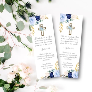 Greenery First Holy Communion printable bookmark favors, floral blue and gold, instant download